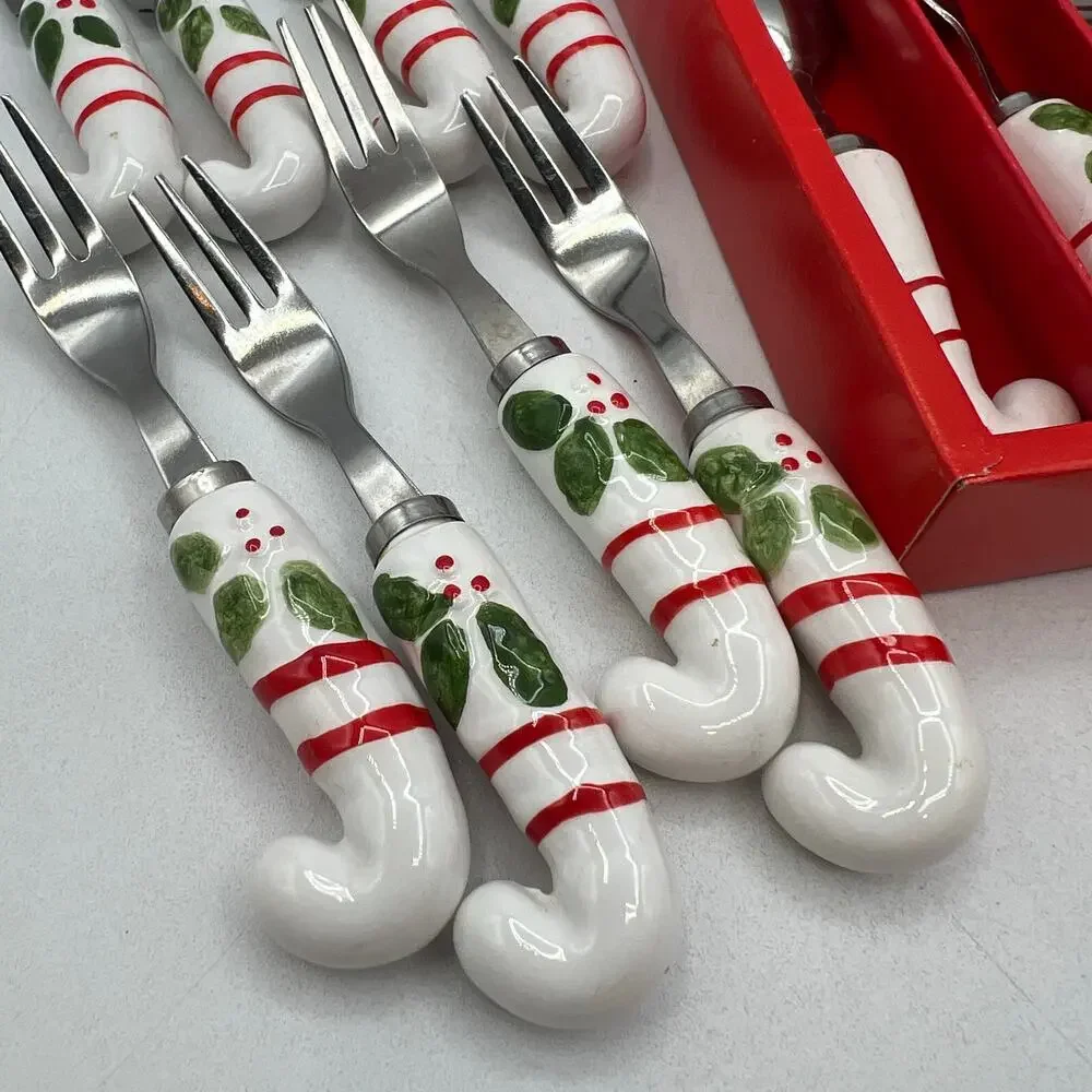 12 Vtg Ceramic Candy Cane Spreaders Appetizer Forks Spoons Condiments Stainless